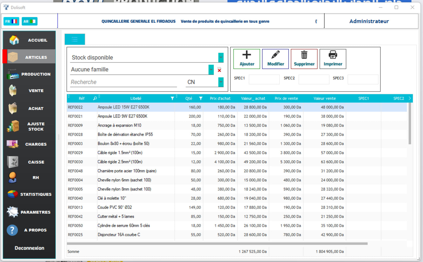Dolisoft PRO – أقوى برنامج لمؤسستك أو متجرك Spécial Quincailleries