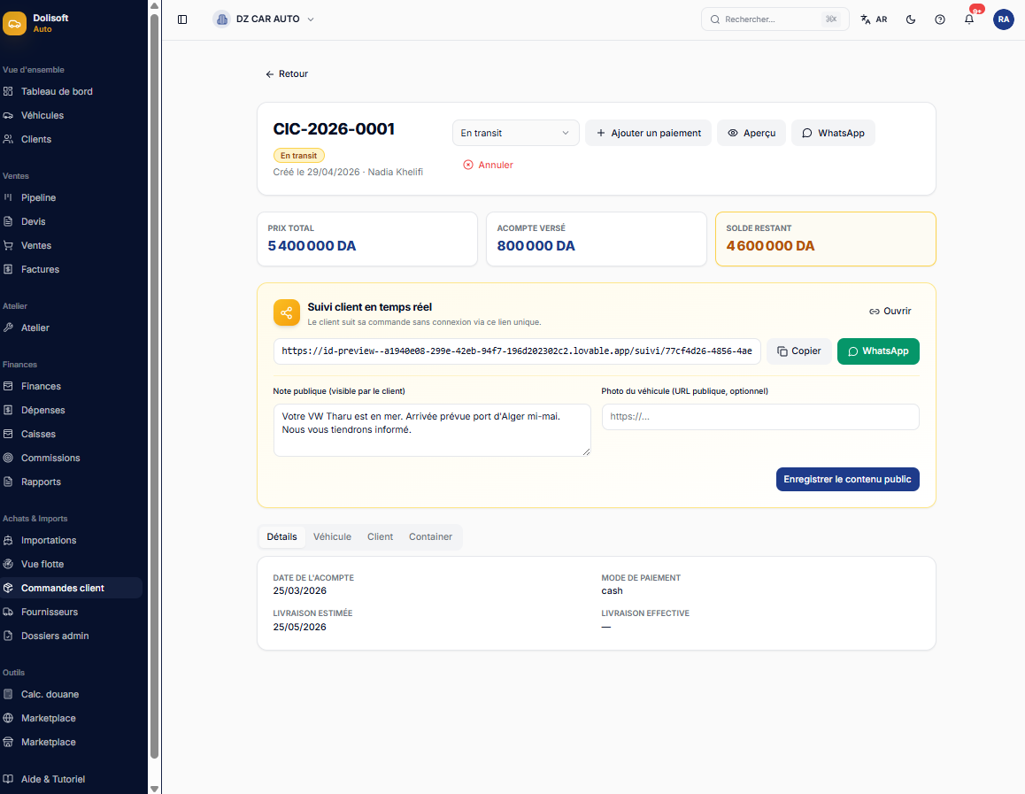 DoliSoft Auto — Le logiciel des showrooms et importateurs de véhicules en Algérie