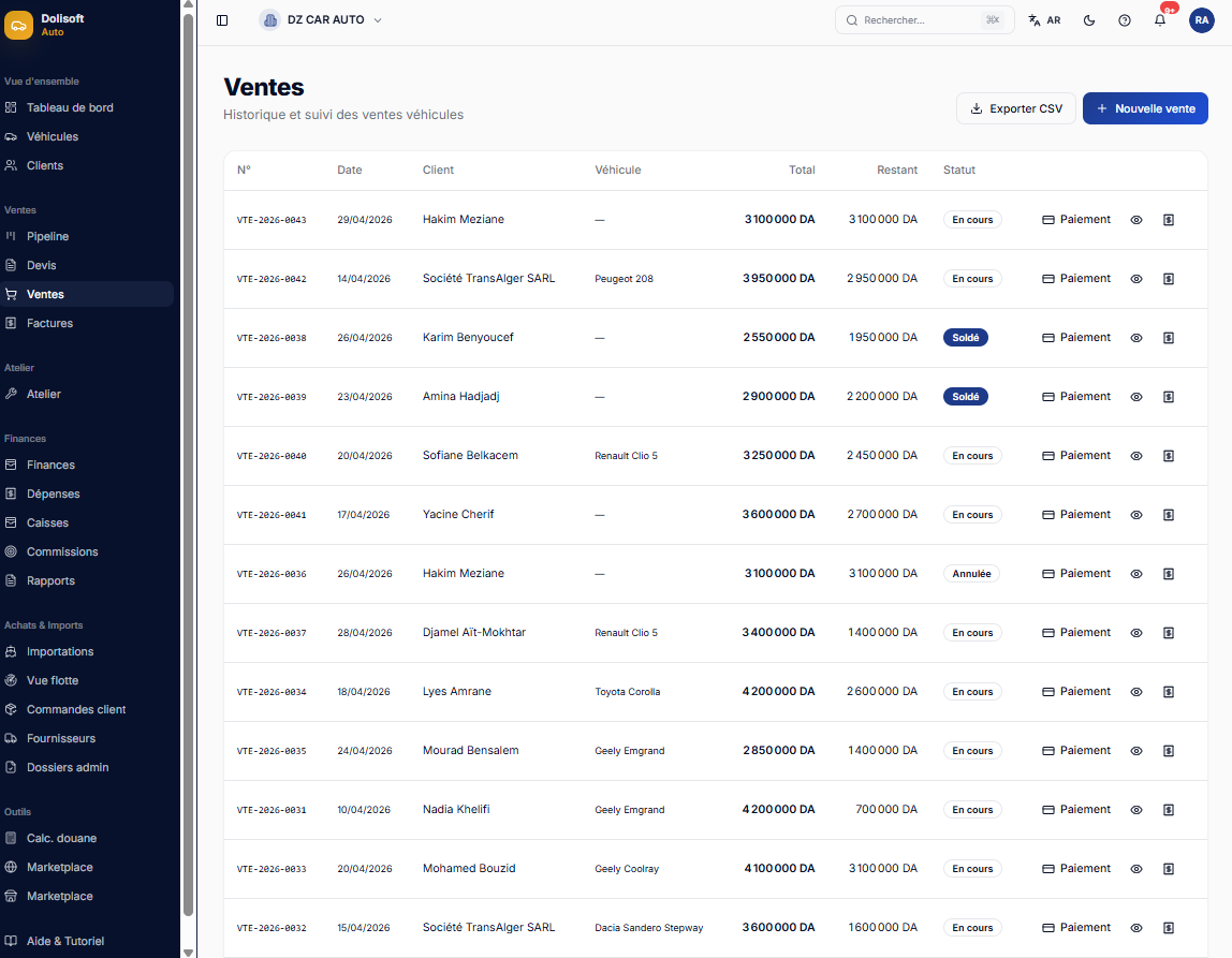 DoliSoft Auto — Le logiciel des showrooms et importateurs de véhicules en Algérie