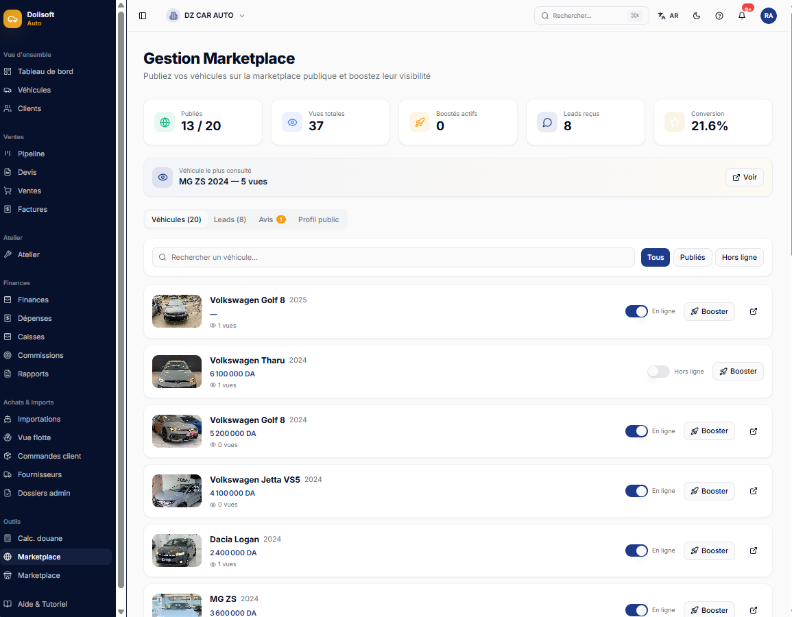 DoliSoft Auto — Le logiciel des showrooms et importateurs de véhicules en Algérie